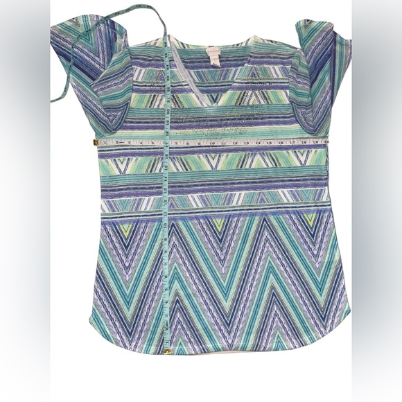 SOLD Chico's Blue Chevron Top SparkleV-Neck Sheer Slightly Flutter Sleeve Sz1 - Picture 5 of 7